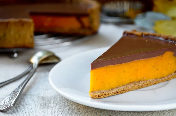 Pastel de calabaza casera con cobertura de chocolate —  Fotos de Stock