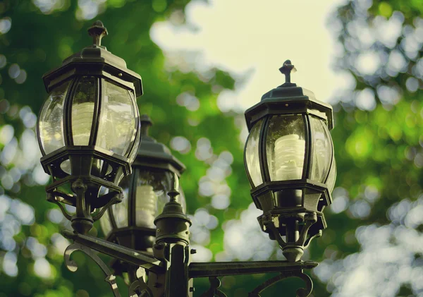 Imagem estilo vintage com lâmpada de rua velha no parque — Fotografia de Stock