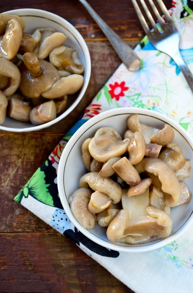 Ingemaakte champignons met knoflook in witte kom — Stockfoto