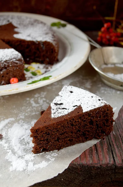 Pastel de Navidad de chocolate casero espolvoreado con azúcar en polvo — Foto de Stock