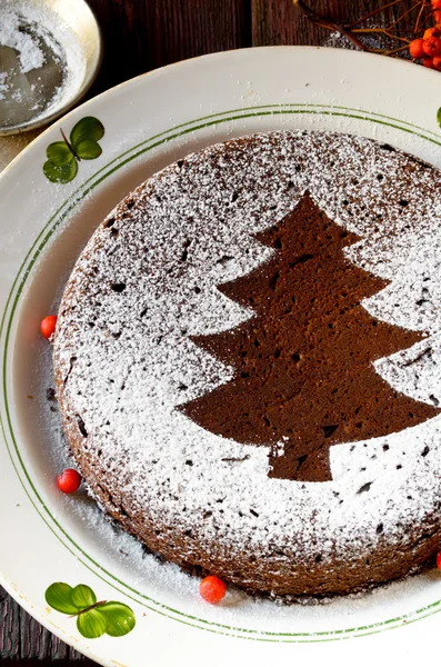 Hausgemachter Schokoladen-Weihnachtskuchen mit Zuckerpulver bestreut — Stockfoto