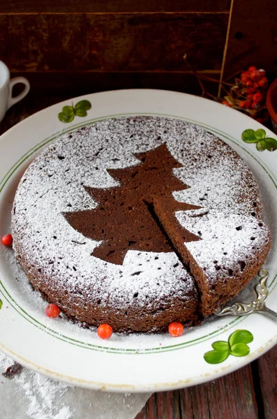 Hausgemachter Schokoladen-Weihnachtskuchen mit Zuckerpulver bestreut — Stockfoto