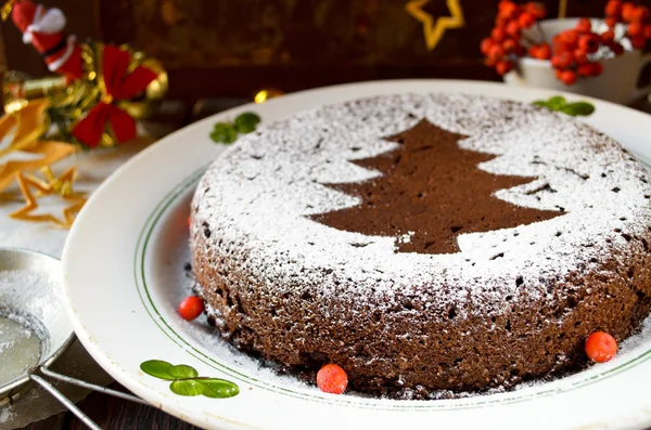 Pastel de Navidad de chocolate casero espolvoreado con azúcar en polvo — Foto de Stock