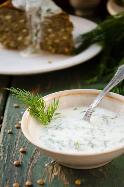 Cuenco de yogur fresco con eneldo y ajo — Foto de Stock