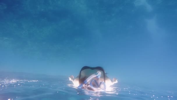 Kvinna snorkling i havet. — Stockvideo