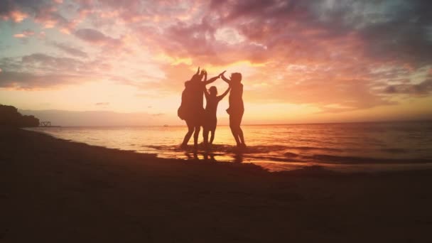 Група друзів, які святкують на пляжі — стокове відео