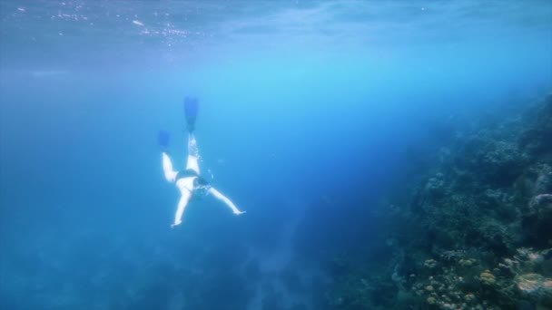 Vrouw snorkelen schot in super slow motion — Stockvideo