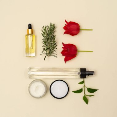 Yaratıcı organik doğal kozmetik kavramı ve şeftali arka planda bitkiler.