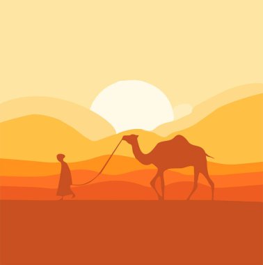 Çölde yürüyen bir adamla deve, çölde gün batımı