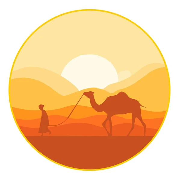 Camello Con Hombre Caminando Por Desierto Puesta Sol Desierto — Foto de Stock