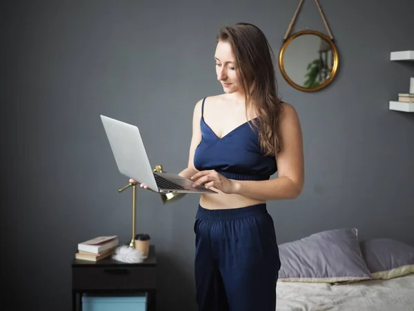 Young Woman Working Computer Home Remote Work — 스톡 사진