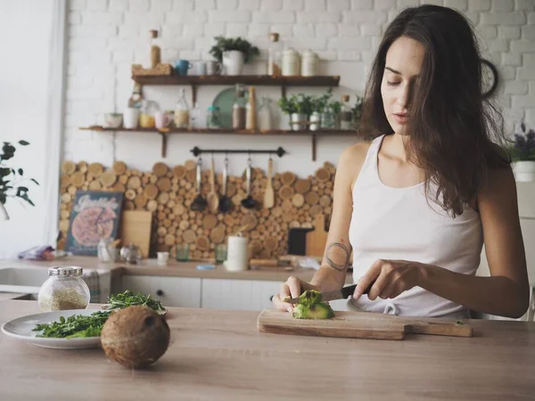 Young Vegetarian Woman Preparing Herself Delicious Healthy Breakfast — kuvapankkivalokuva