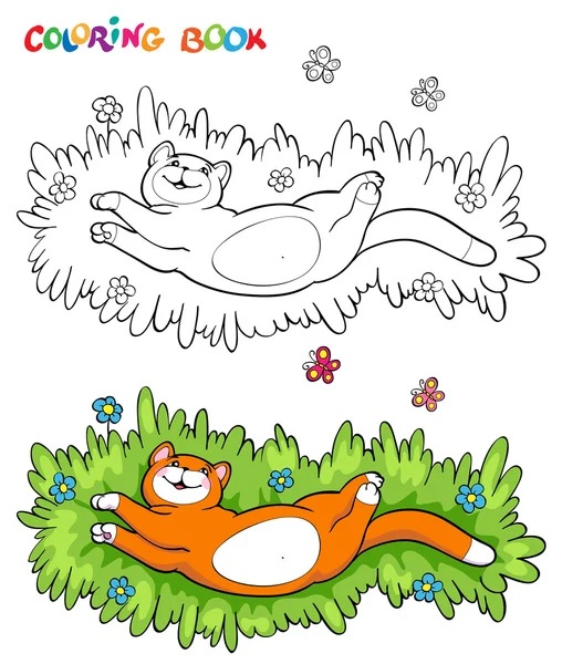 Kolorowanka z czerwony kot na trawie z dwóch motyli - ilustracja wektorowa. — Wektor stockowy