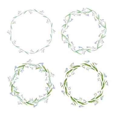 Bahar çiçekleriyle suluboya çerçeve koleksiyonu. Selamlama, düğün davetiyeleri ve doğum günü kartları için çemberin şekline dizilmiş sevimli eski kar damlaları.