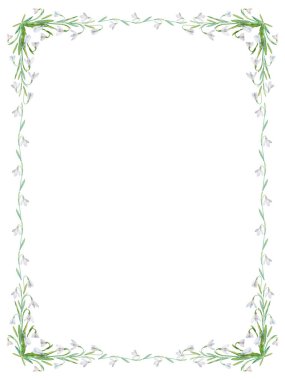 Kar damlaları vektör çerçevesi. Suluboya kar damlaları ve beyaz arkaplanda yapraklar. Tatil, kutlama ve davetiye kartları için doğal bahar tasarımı.