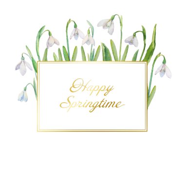 Kar damlaları vektör çerçevesi. Suluboya kar damlaları ve beyaz arkaplanda yapraklar. Tatil, kutlama ve davetiye kartları için doğal bahar tasarımı.