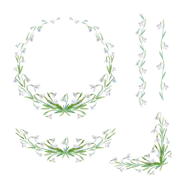 花的水彩画框架集合与春天的花 一套可爱的复古雪球 布置成圆形 用于问候 婚宴请柬和生日贺卡 — 图库矢量图片