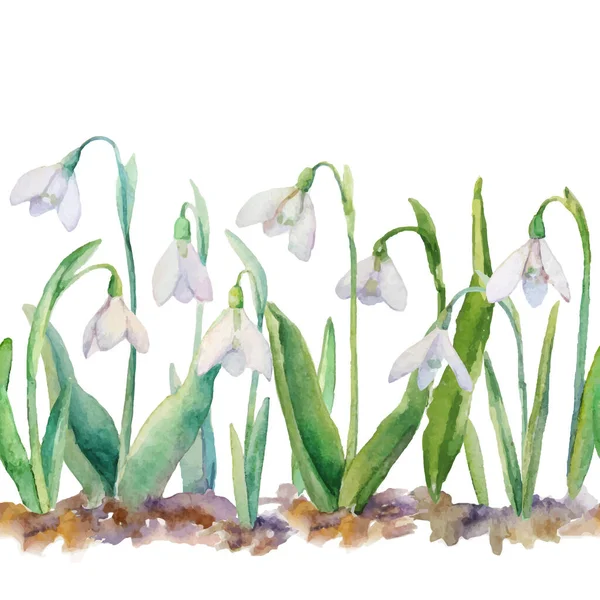 Vector Spring Seamless Border Watercolor Snowdrops White Background — Stock Vector
