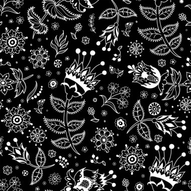 Dekoratif çiçeklerin ve bitki elementlerinin siyah arka planda izole edilmiş vektörsüz deseni.