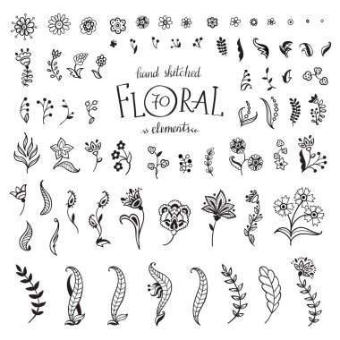 Vektör Büyük Set el yapımı dekoratif çiçekler ve yapraklar. Çiçek koleksiyonu beyaz arkaplanda izole edildi.