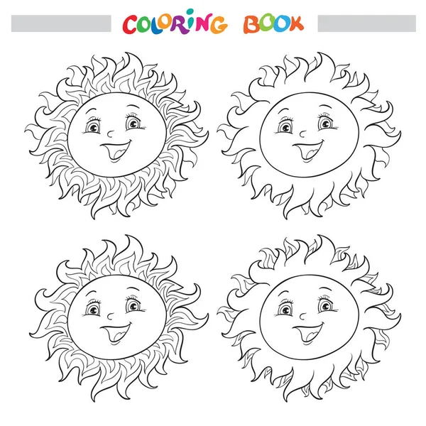 Coloring Book Page Collection Four Smiling Suns Different Crowns Rays — Stock Vector