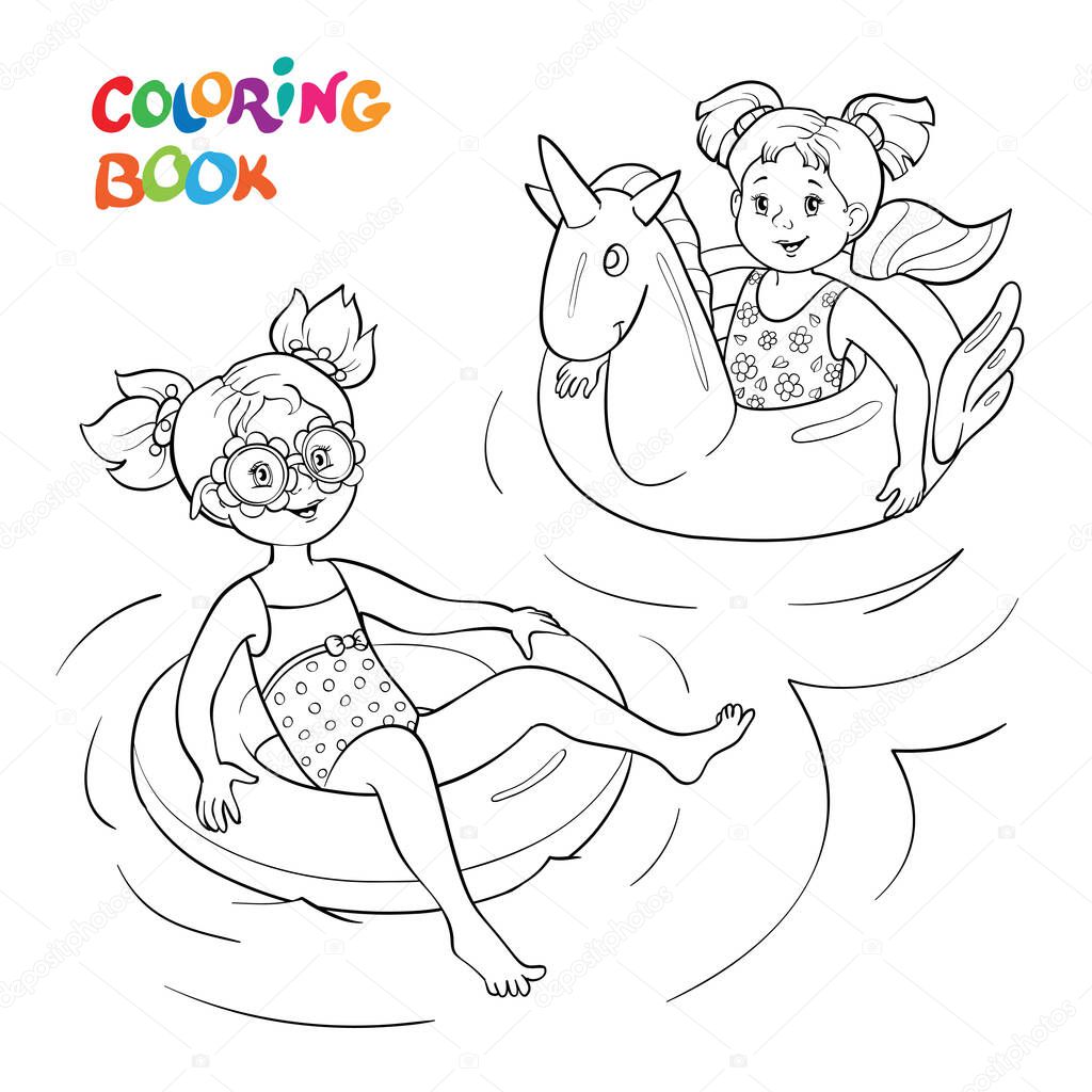 Coloring book or page. Happy children swim on rubber rings in the water