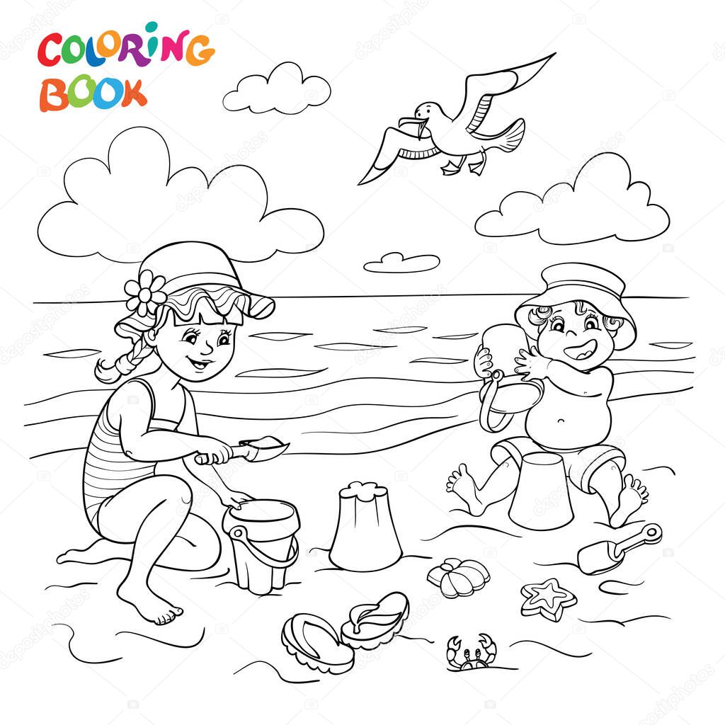 disegno da colorare per bambini con tema vacanze al mare Stock