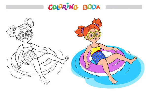 Χρωματισμός Βιβλίο Σελίδα Χαρούμενο Κοριτσάκι Κολυμπάει Λαστιχένιο Δαχτυλίδι Στο Νερό — Διανυσματικό Αρχείο
