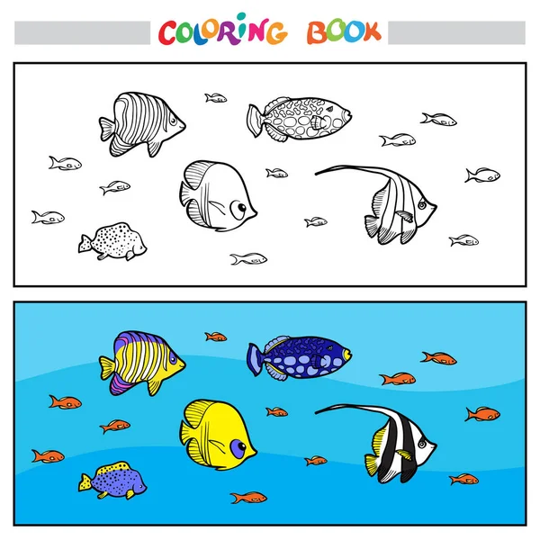 Раскраска Книги Страницы Подводная Жизнь Крупные Мелкие Разноцветные Рыбы Плавают — стоковый вектор