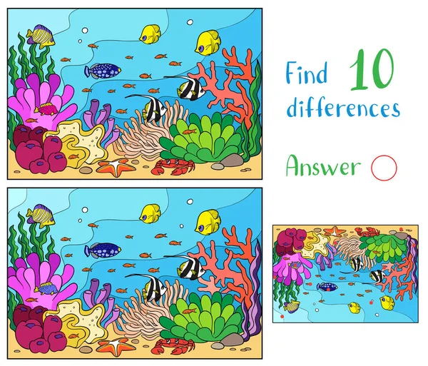 10の違いを見つける 子供のための教育ゲーム 水中生活 サンゴを背景に多色の魚が泳ぐ 底にはヒトデとカニ — ストックベクタ