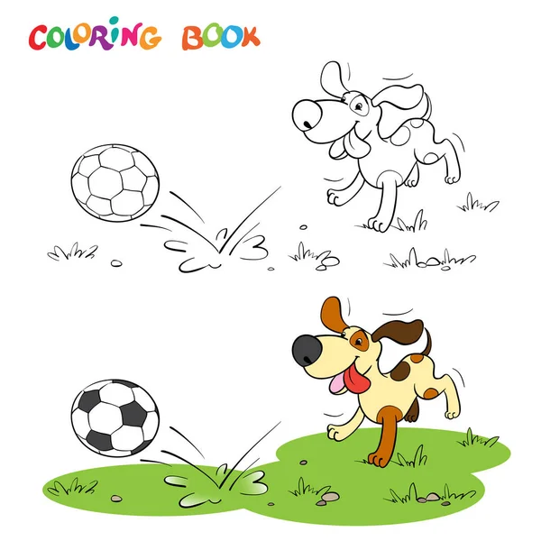 Раскраска Книги Страницы Веселая Собака Бежит Полю Футбольным Мячом — стоковый вектор