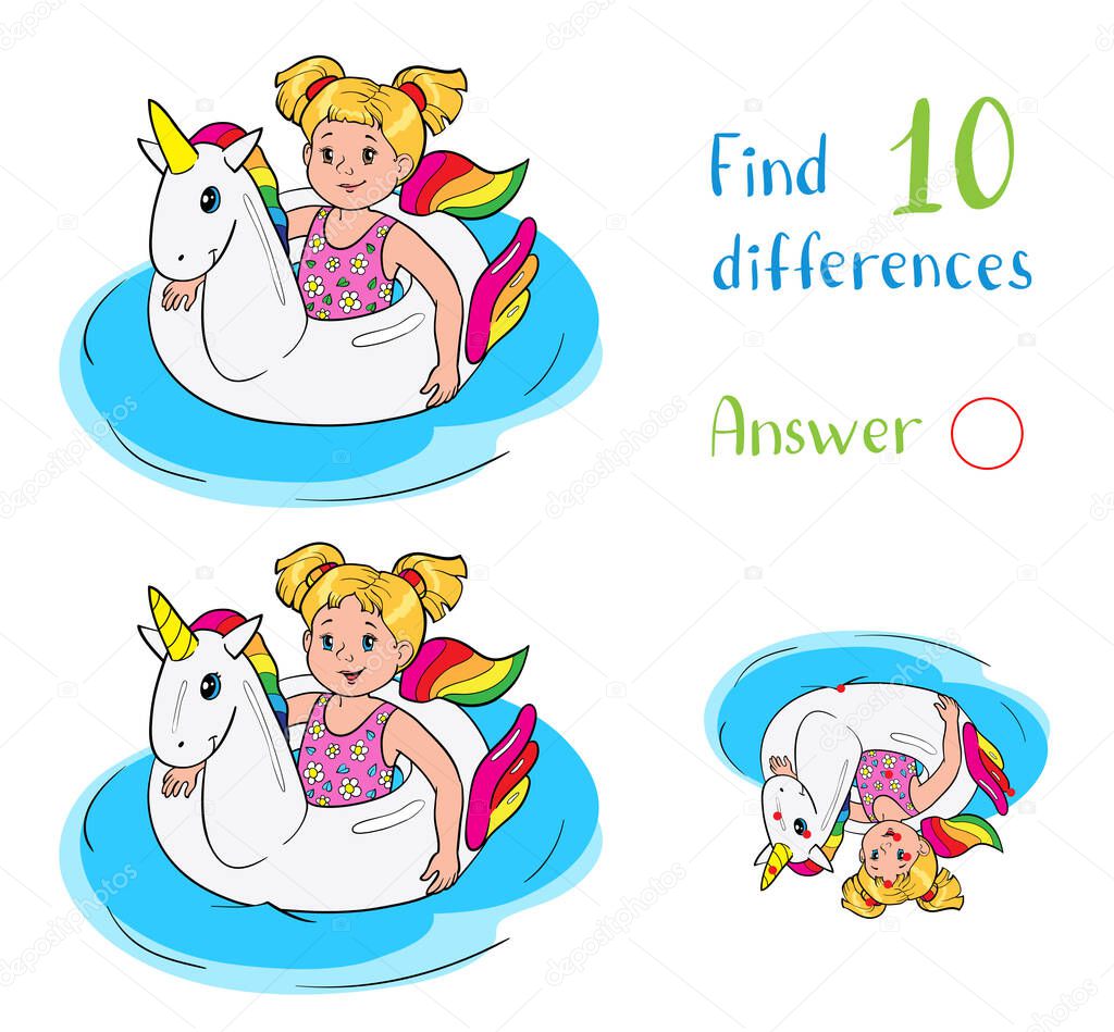 Find 10 differences. Educational game for children. Happy little girl swim on unicorn rubber ring in the water