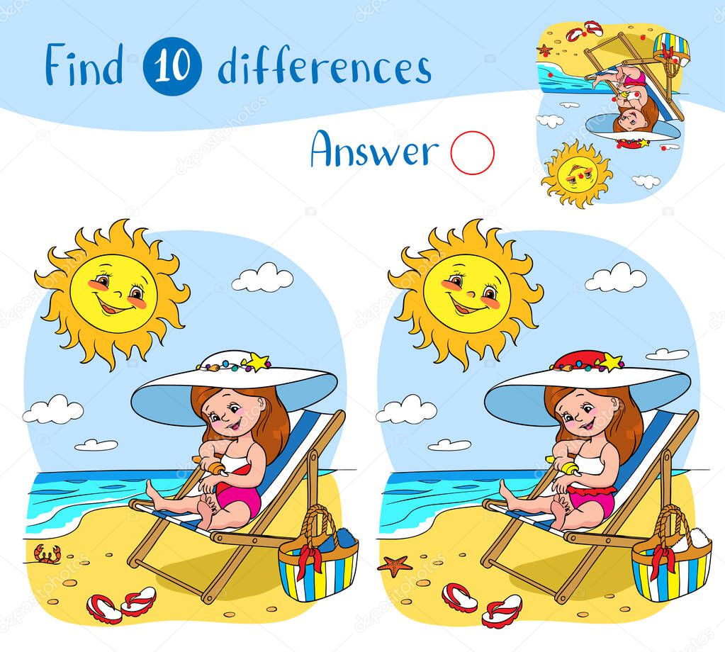 Find 10 differences. Educational game for children. A girl in a swimsuit sits on a lounger and smears herself with sunscreen, the sun above the sea smiles and looks at her.