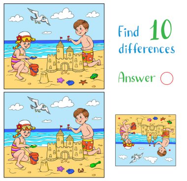 10 farklılık bul. Çocuklar için eğitici bir oyun. Bir kız ve bir oğlan deniz kenarında plajda oynuyorlar. Çocuk bir kumdan kale inşa ediyor. Kız bir kova ve kumla oynuyor..