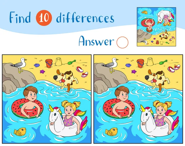 Encuentra Diferencias Juego Educativo Para Niños Alegre Niño Niña Nadan — Vector de stock