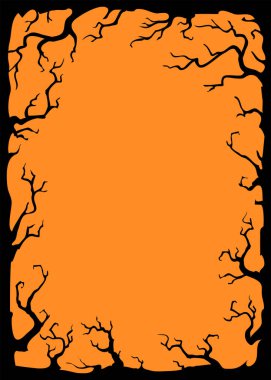 Turuncu üzerine siyah dalları olan gece arkaplanı. Metniniz için vektör çerçeve illüstrasyonu.