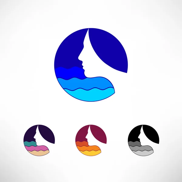 Círculo icono conjunto vector logotipo. Cabeza, pelo y olas. Pensar mar femenino . — Vector de stock
