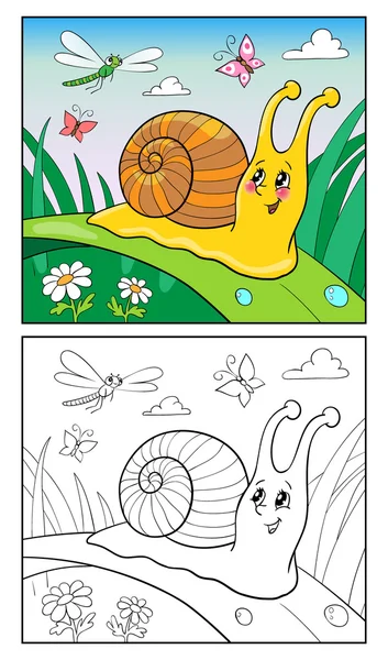 Coloring Page Cartoon Illustration of Funny Snail for Children. Page one.