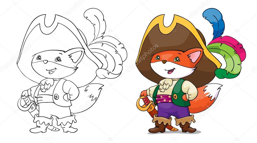 Vector illustration, fox pirate. Card concept. White background.