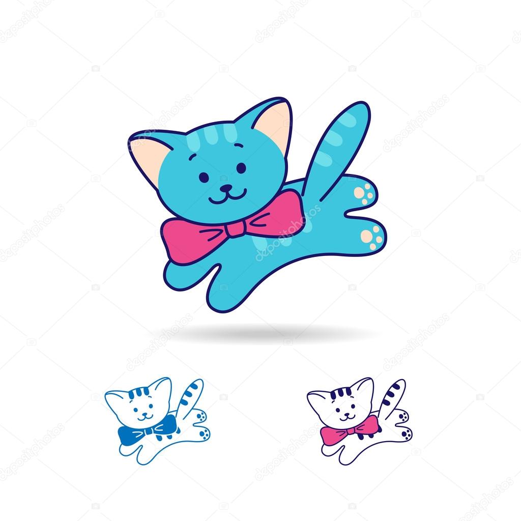 Vector logo. Cute blue cat or kitty with bow, line and flat style.