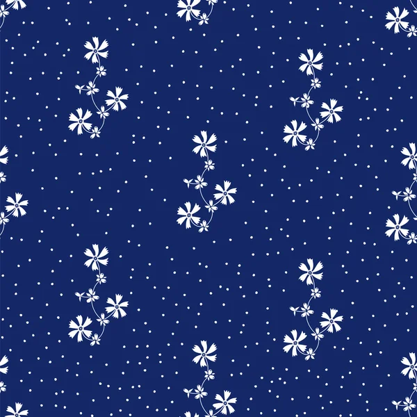 Seamless pattern with the white flowers on navy blue background. — Stock Vector