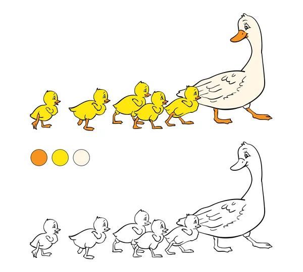 Libro para colorear. Madre pato y patitos . — Vector de stock