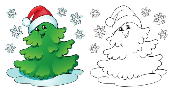 Malbuch oder Seite. Weihnachtsbaum mit Schneeflocken. — Stockvektor