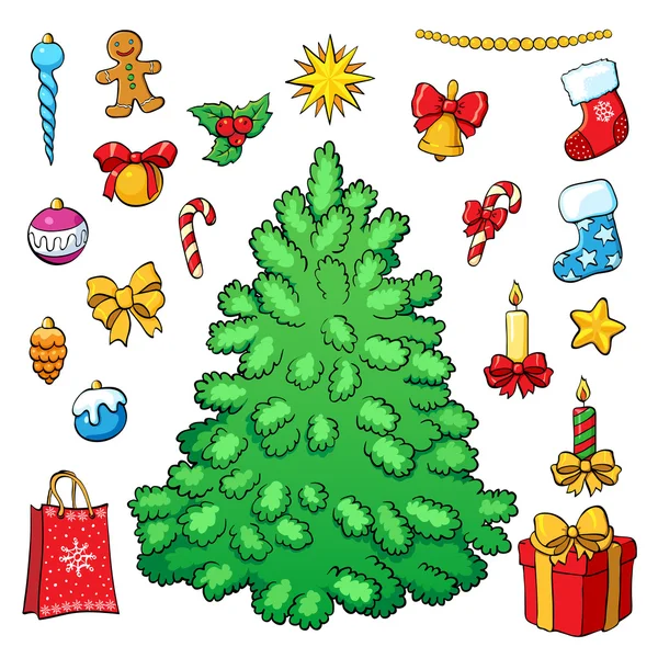 Pohon Natal dengan dekorasi. Set vektor - Stok Vektor