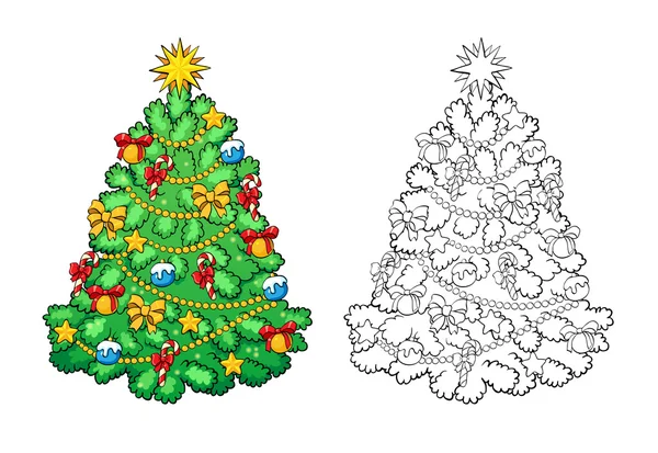 Boyama kitabı. Süslemeleri ile Noel ağacı. Kart kavramı.