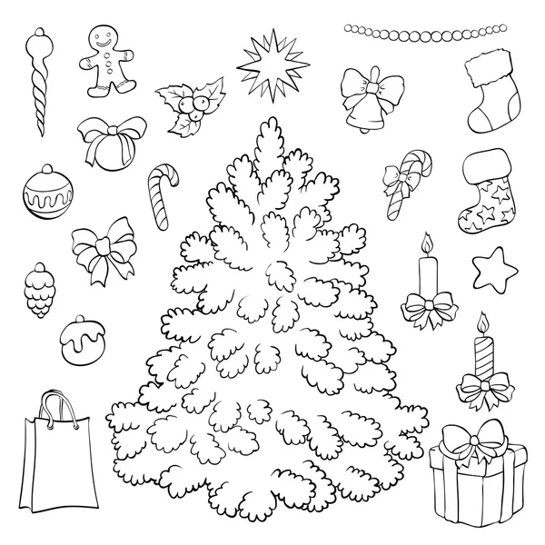 Målarbok. Julgran med dekorationer. — Stock vektor