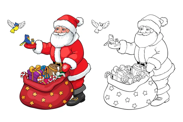 Colorir livro ou página. Papai Noel com presentes de Natal . — Vetor de Stock