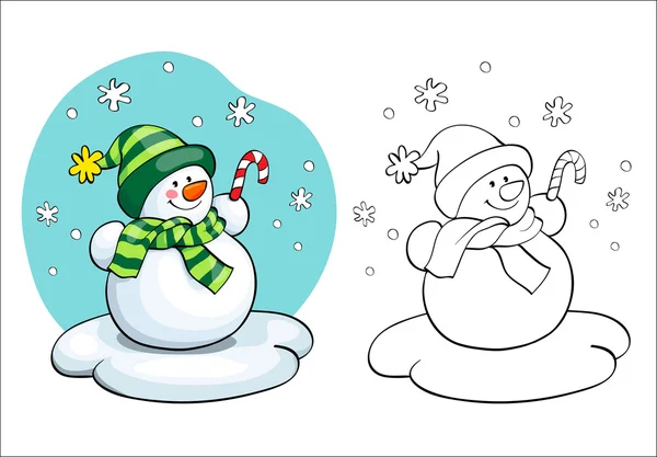 Libro para colorear. concepto de tarjeta vectorial - muñeco de nieve lindo . — Vector de stock