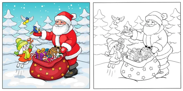 Boyama kitabı. Noel Baba, tavşan ve kuş hediyeler ile.