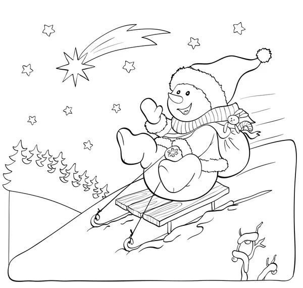 Coloring book or page. Snowman on the sled with gifts. — Stock Vector